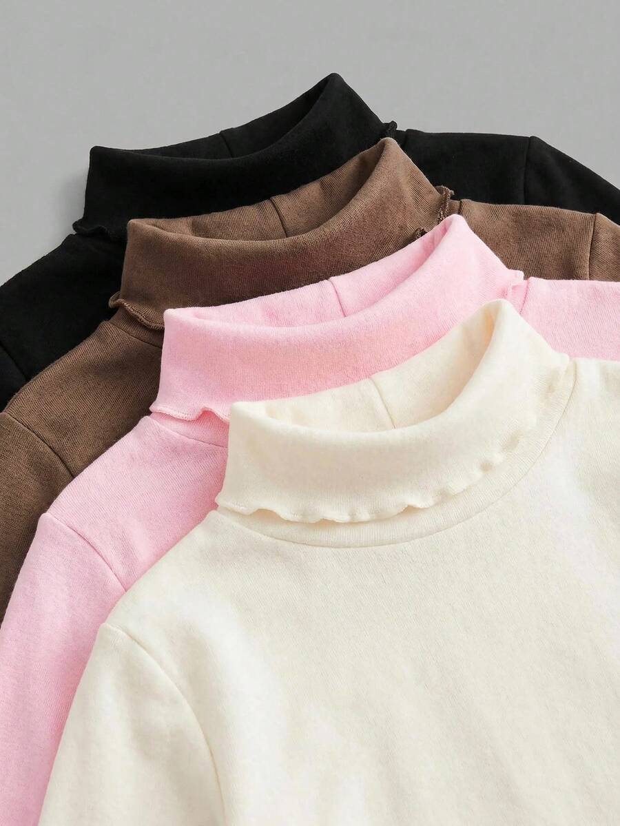 SHEIN Emery Rose Kids 女童小女孩 4件組 高領羅紋針織休閒T恤 高領上衣 秋季女童服飾 適合日常休閒穿著 - 彩色 - 查看 1