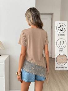 Easowa Spring/Summer Cotton Khaki Round Neck Short Sleeve Lace Patchwork Asymmetrical Hem Women's T-Shirt Brunch Casual - Khaki - View 2