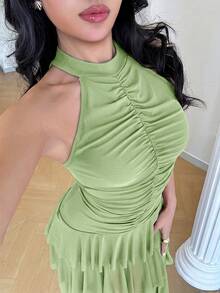 Modelyn 女款素色百褶休閒約會派對短洋裝 - 綠色 - 查看 2