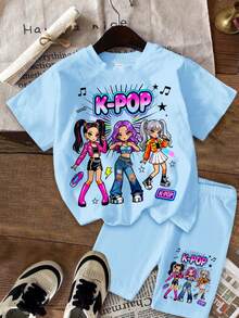 兒童女童 2件組休閒極簡時尚彩色 K-POP 女團字母星星印花短袖T恤與短褲套裝，適合學校夏季穿著 - 彩色 - 查看 2