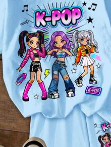 Young Girl Round Neck Letter Cartoon Print Short Sleeve T-Shirt And Shorts Casual Daily Set - Multicolor - View 6