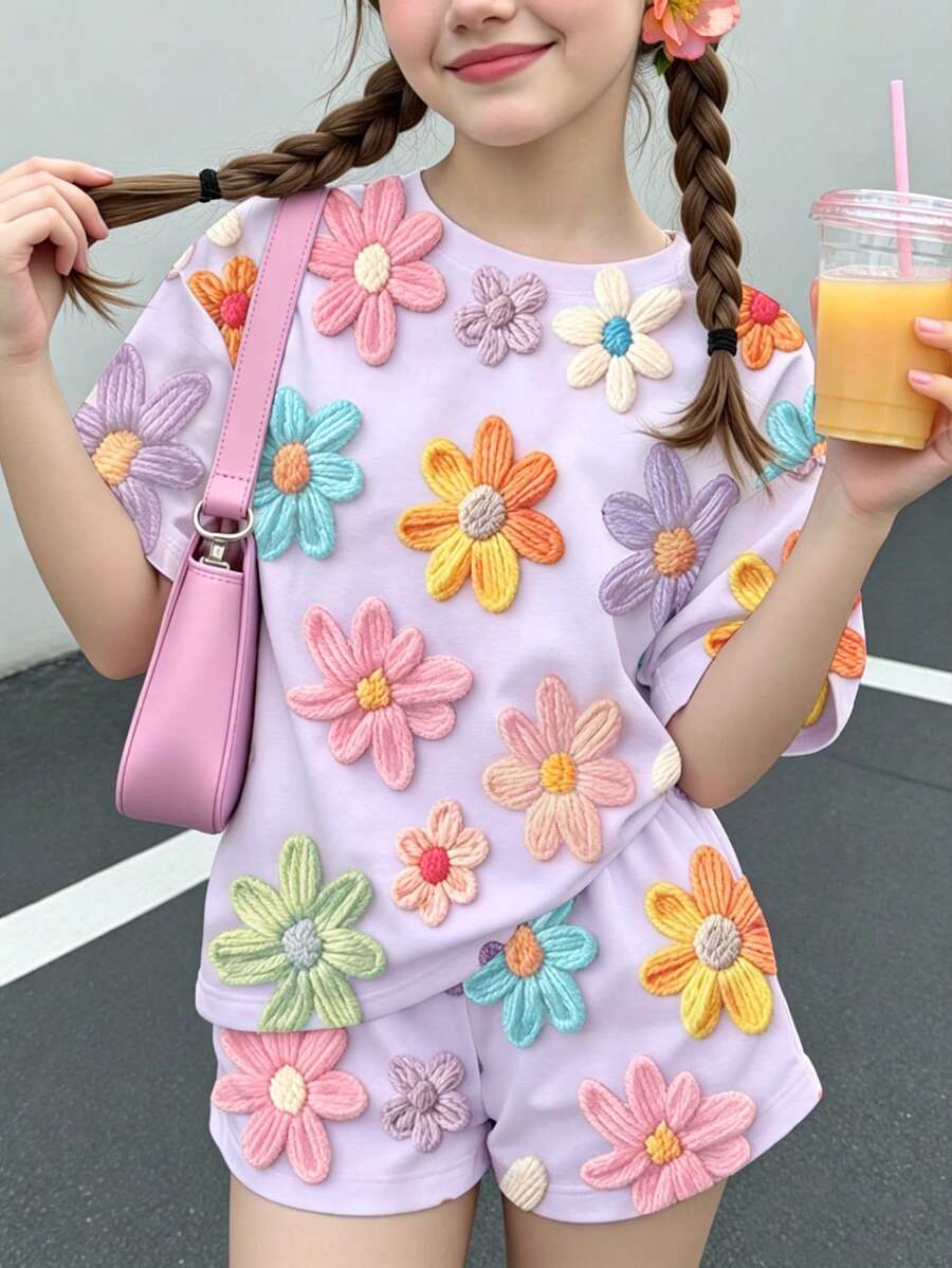 青少年女孩休閒簡約可愛趣味紋理花卉印花馬卡龍色田園風短袖短褲兩件套，適合夏季舒適春夏風格，圖案設計，日系可愛風 - 彩色 - 查看 1