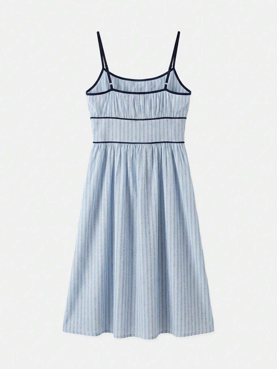 Blue Stripe Midi Summer Dress With Contrast Piping Detail And Bow Cute Vintage Casual Holiday Dress