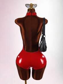 Amplova Women's Hot PU Mesh Patchwork Streetwear Techno Sexy Jumpsuit Halloween Club Rave Night Out Dark Red Summer - Red - View 8