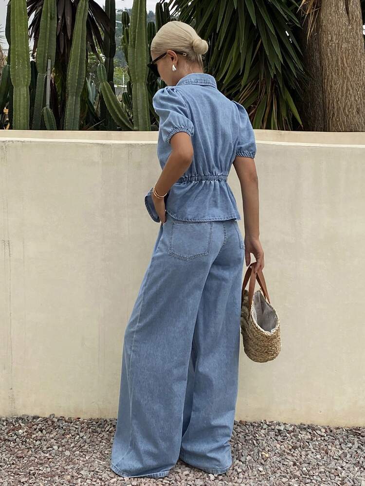 Spring & Summer Casual Vacation Style Bow Tie Strap Short Sleeve Shirt And Long Straight Leg Jeans Women's Suit