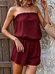 Swim Vcay Women's Solid Color Pleated Casual Daily Outing Cover-Up Strapless Romper - Burgundy - View 4
