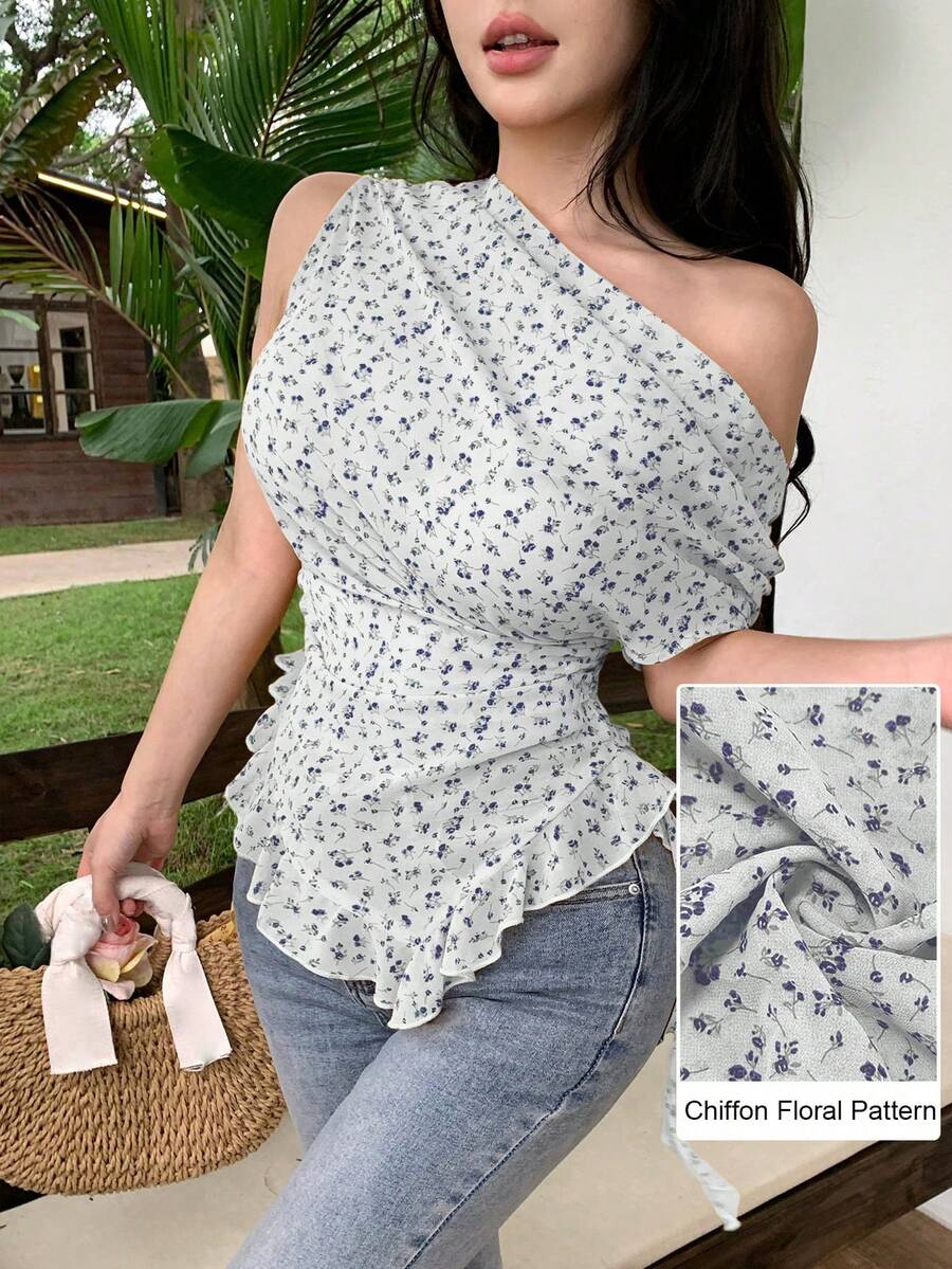 Modelyn 黃色碎花不對稱肩褶皺荷葉邊極簡性感度假風女上衣 - 白色 - 查看 1