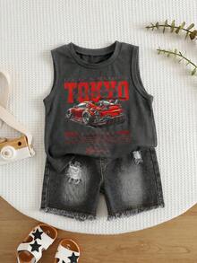 SHEIN 2pcs/Set Baby Boy Street Style Cute Versatile Knit Car Pattern Print Tank Top & Denim Shorts Set, Tank Top Set, Denim Set, Racing Set - Multicolor - View 4