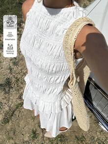 SHEIN EZwear 夏季休闲度假白色亚麻荷叶边下摆迷你连衣裙 - 白色 - 查看 1