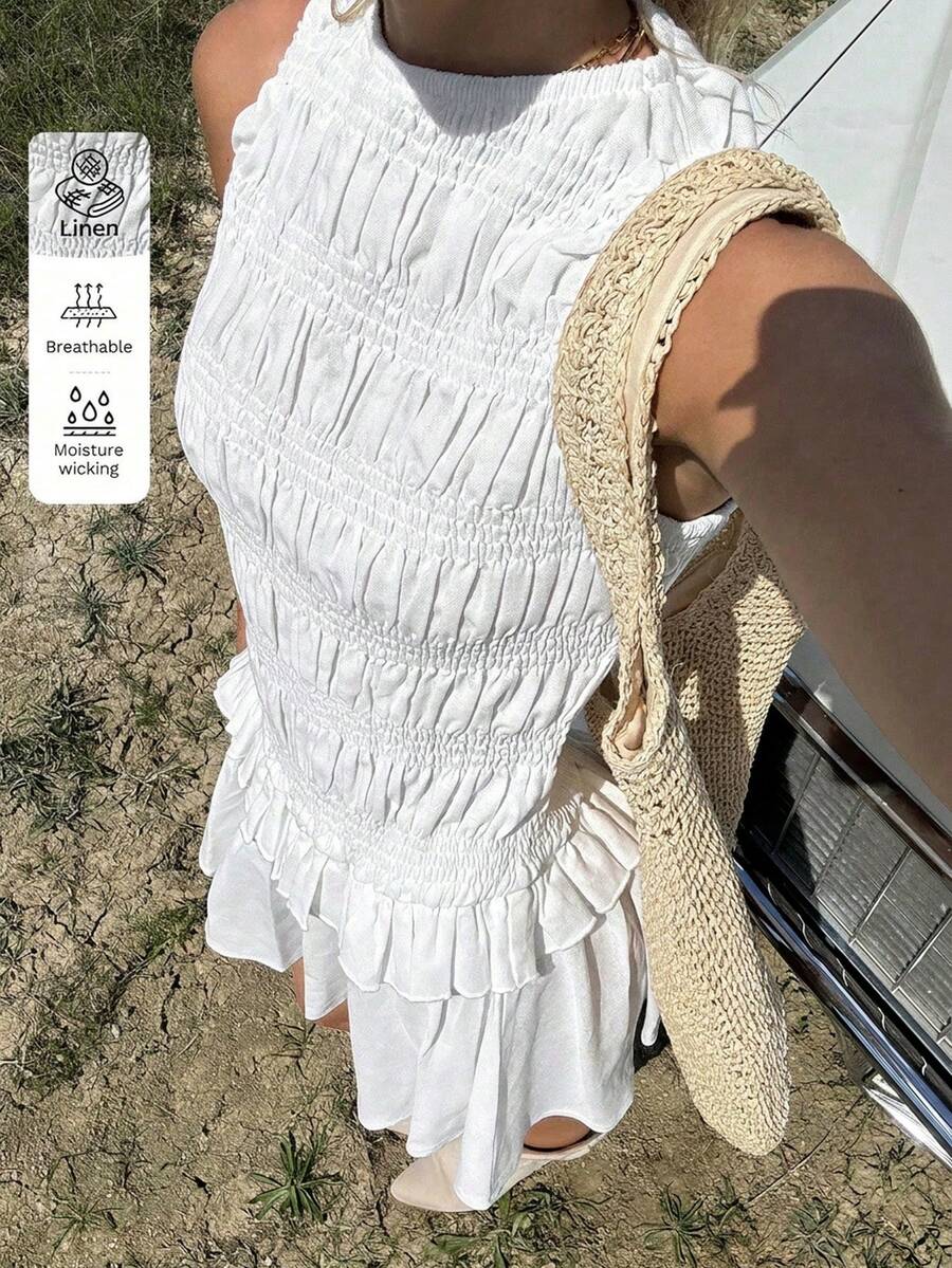 SHEIN EZwear 夏季休闲度假白色亚麻荷叶边下摆迷你连衣裙 - 白色 - 查看 1