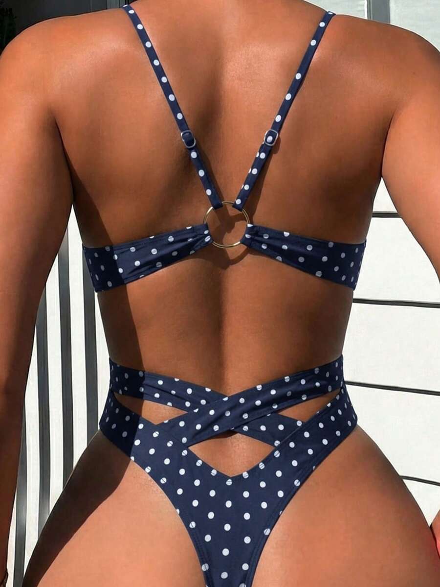 Swim SXY 2026新款春夏女款一件式泳衣,性感露背三角緊身泳裝,海灘度假套裝,歐美風 - 藍白色 - 查看 1