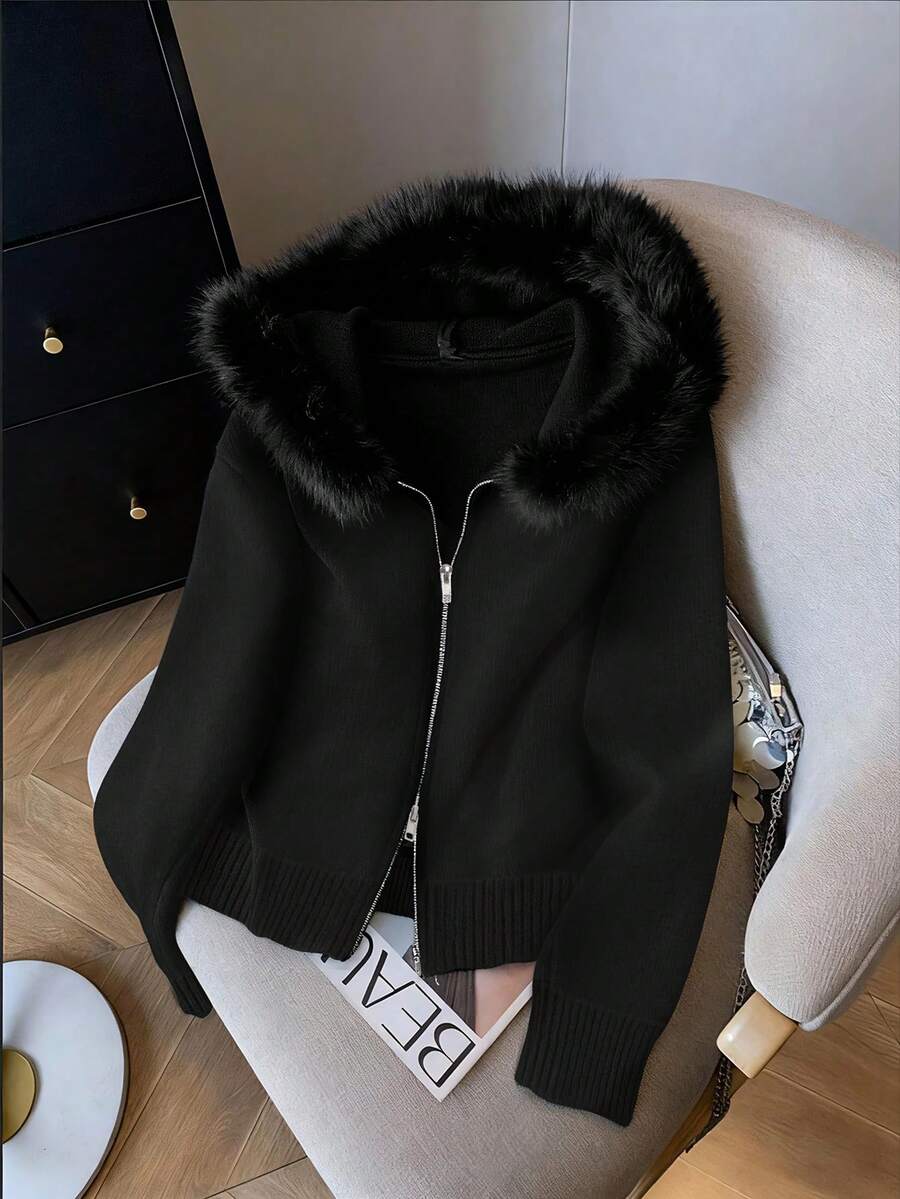 GlowEve 1 件女式纯色简约毛绒连帽拉链开衫 - 黑色 - 查看 1