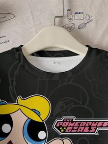 THE POWERPUFF GIRLS X SHEIN 青少年女孩休闲花朵、泡泡、毛茛图案圆领运动衫，秋季 - 白色 - 查看 4
