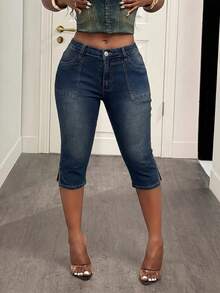 Slaydiva Skinny-Jeans mit Stickerei, verkürzter Länge und niedrigem Bund für Damen - Mittele Waschung - Übersicht 5
