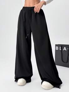 SHEIN EZwear 黑色針織女款抽繩腰寬腿寬鬆運動長褲 - 黑色 - 查看 6
