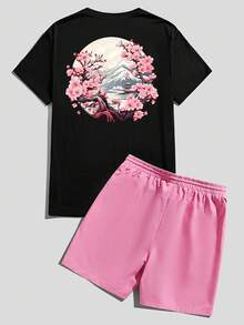 Manfinity Homme 日式浮世繪櫻花樹圓形構圖圖案時尚休閒印花男款標準尺寸黑色短袖T恤與粉色短褲套裝 - 彩色 - 查看 3