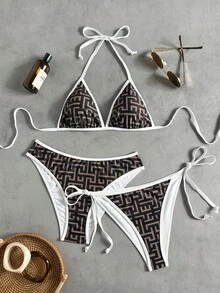 SHEIN Swim 女款兩件式三角比基尼套裝，熱帶可愛滾邊多色印花掛脖三角上衣 & 可愛三角泳褲，熱銷海灘度假休閒優雅情人節派對比基尼套裝，女款假期優雅海灘穿搭泳裝 - 彩色 - 查看 2