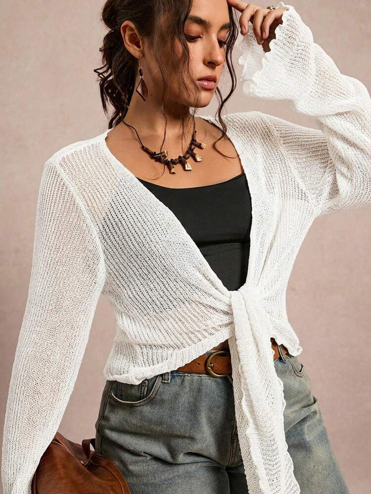 Freevana Cárdigan de manga larga con lazo delantero de unicolor para mujer de talla grande - Blanco - Añade 7