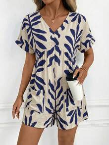 SHEIN Clasi Women's V-Neck Leaf Print Casual Everyday Outing Romper - Blue - View 7