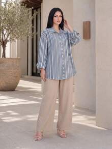 Auveirra 大码女装感恩节秋季休闲日常穿搭，大码女式几何印花长袖衬衫，休闲宽松舒适长款新年居家度假女装，秋季感恩节圣诞节女式休闲宽松舒适长款居家度假衬衫，秋季节日衬衫，波西米亚风衬衫，蓝色条纹衬衫，超大款衬衫，条纹衬衫，超大款纽扣衬衫，田园风女装，春季女装，夏季女装，复古装，2025年穿搭 - 藍色 - 查看 6