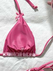 Swim Mod Set Bikini Wanita Musim Semi/Panas Terbaru Motif Polkadot dengan Hiasan Pita, Atasan Segitiga Tanpa Punggung Model V-Neck Halter dan Bawahan Ikat, Cakupan Penuh 3 Potong - Berwarna merah muda - View 7