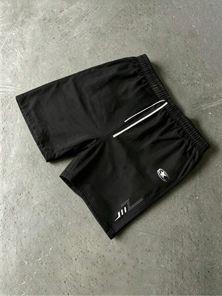 Sport MetroGents Pantalones cortos deportivos casuales para hombre con estampado de estrellas y cintura con cordón, para el gimnasio - Negro - Ver 1
