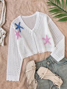 SHEIN Cardigan Rajut Berongga untuk Remaja Perempuan, Cocok untuk Acara Santai, Liburan Pantai, Kumpul-kumpul, dan Lainnya, Nyaman, Serbaguna, dan Lembut - Aprikot - View 6