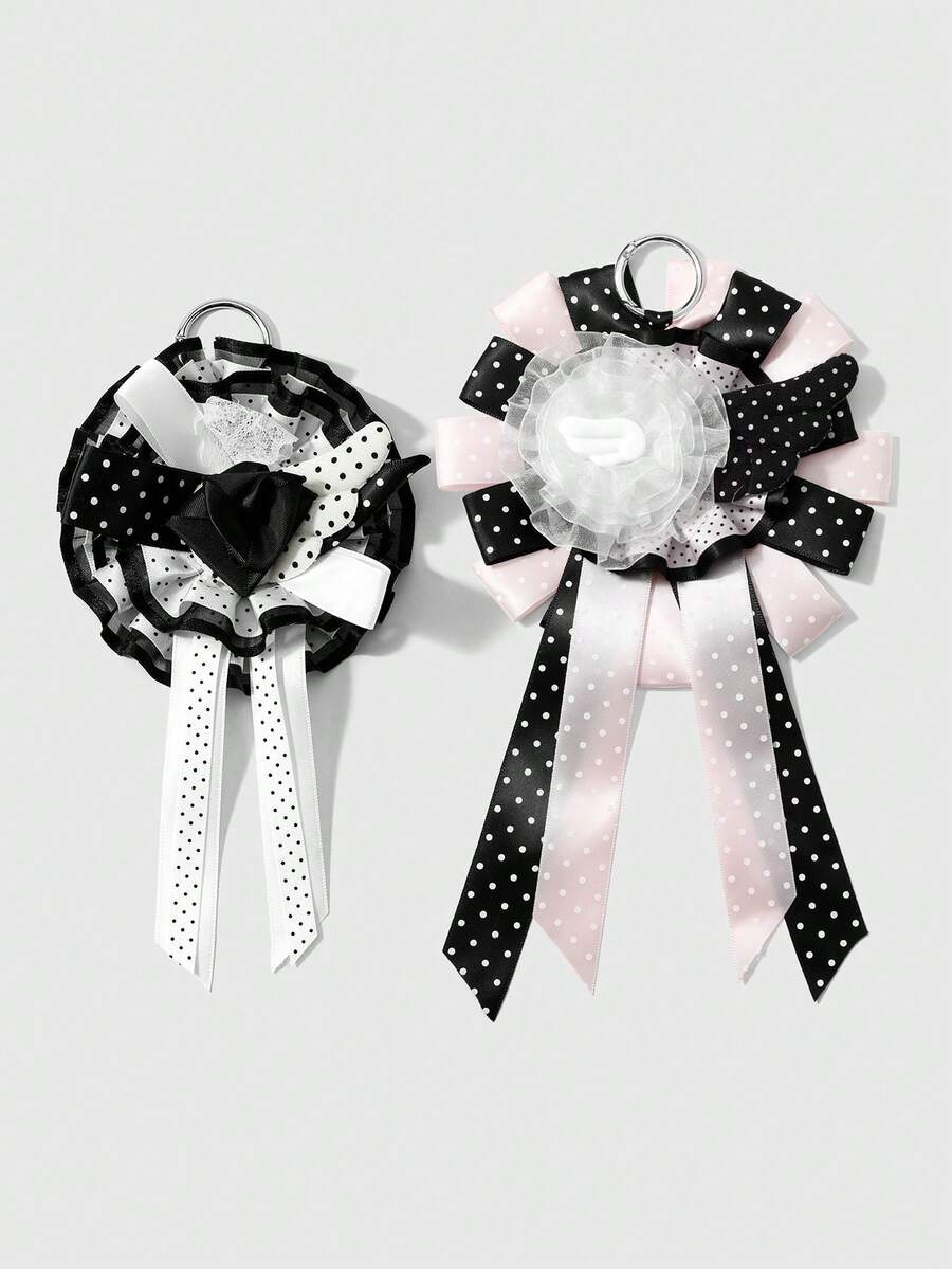 ROMWE Anime 1個 Sweet Academy 黑粉波點翅膀網紗蕾絲緞帶手工複雜玫瑰胸花 DIY 鑰匙圈包包吊飾，女士配飾節日禮物 - 彩色 - 查看 1