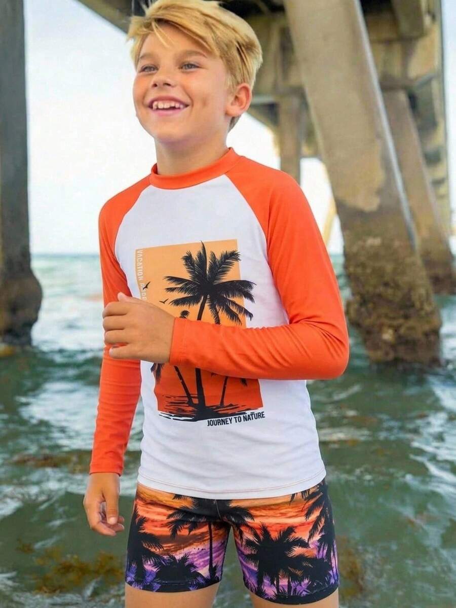 SHEIN Tween Boy Casual Fitted Video Game Glow-In-The-Dark Pattern Tankini 2 Pieces Swimsuit, Suitable For Spring/Summer, Beach Vacation - Multicolor - View 1