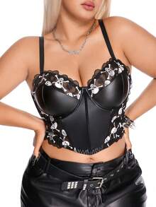AltBold Plus Size Fashion Pioneer Lingerie Series Skull Embroidery Patchwork PU Glue Bone Support Underwire Bustier - Black - View 1