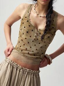 Bohemela Spring Summer Vacation Knit Mesh Contrast Lace Women's Tank Top - Green - View 3