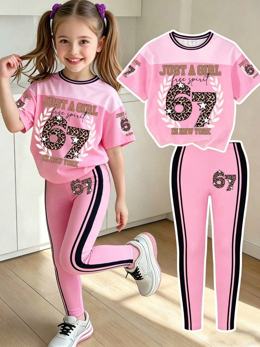 Girls' Fashion Wheat & Leopard Print Number 67 Graphic Casual Basic Short T-Shirt And Leggings Set, Cozy Summer And Fall Styles, Suitable For All Seasons, Sets - Multicolor - View 1