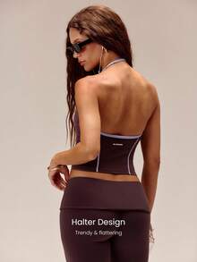 GLOWMODE FeatherFit™ In It To Win It Soft Sweat-Wicking Lightweight Colorblock Halter Tank Top With Removable Cups Yoga Pilates Studio Daily Active Wear - Brown - View 2