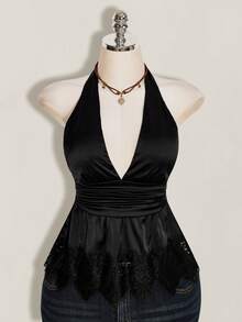 SHEIN ICON 女款素色深V領抓皺腰部性感掛脖上衣 - 黑色 - 查看 8