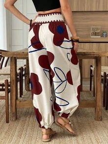 Elouméa 女款春夏度假彈性腰燈籠褲，女款休閒度假長褲，時尚花卉印花，夏季穿搭 - 彩色 - 查看 2
