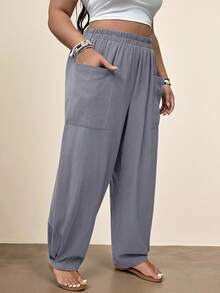Freevana Plus Size Vacation Casual Pocket Tapered Long Pants Vacation Dusty Blue Summer - Dusty Blue - View 5