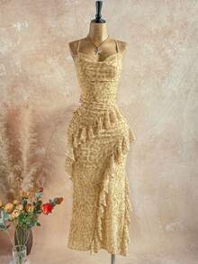 Soleia Robe à bretelles pour femmes grandes tailles avec imprimé léopard marron, col volant et ourlet à volants superposés - Jaune citron - Voir 6