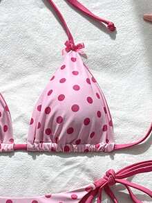 Swim Mod Set Bikini Wanita Musim Semi/Panas Terbaru Motif Polkadot dengan Hiasan Pita, Atasan Segitiga Tanpa Punggung Model V-Neck Halter dan Bawahan Ikat, Cakupan Penuh 3 Potong - Berwarna merah muda - View 6