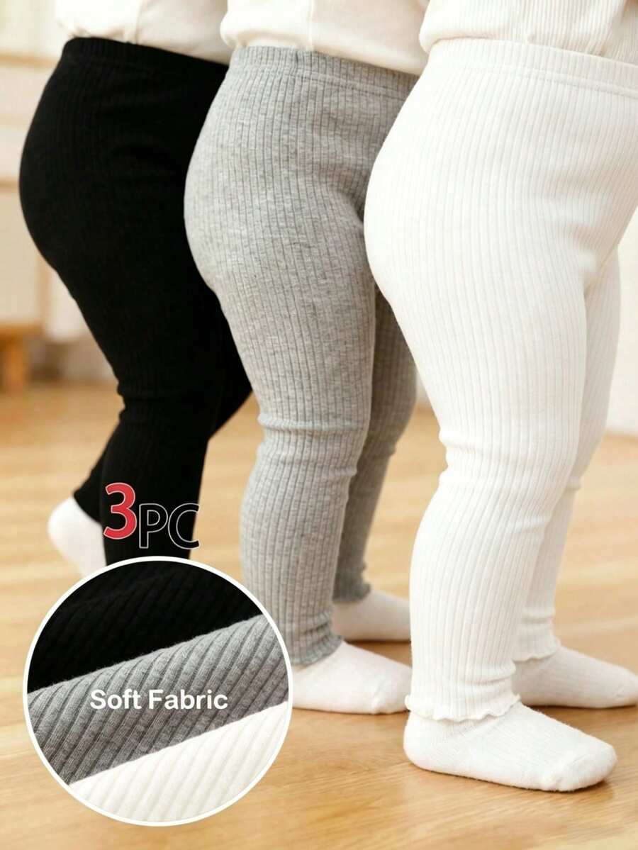 SHEIN Vintaside Kids 3件組女嬰夏季服裝 開學季 6個月-3歲 休閒簡約風 白色黑色灰色 寬條紋波浪邊彈性腰身彈力內搭褲 舒適柔軟 適合運動通勤 春夏季出遊及禮物 - 黑與白 - 查看 1