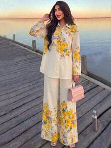Modelyn 女款春夏編織數位印花長袖鉚釘鈕扣立領通勤休閒上衣與直筒長褲2件套 - 彩色 - 查看 7