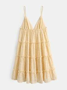 lacRébo Beige Floral Ruffled Mini Dress With Triangle Bust Summer Holiday Casual Cottagecore Romantic Boho French Style Loose Vacation Garden Party - Yellow - View 8