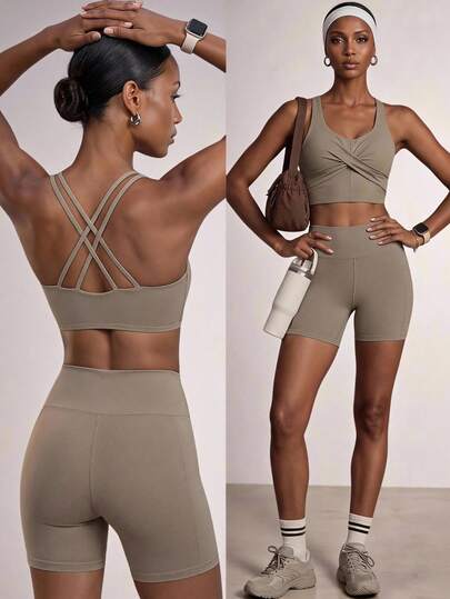 Zivah Bộ đồ thể thao nữ gồm áo tank top dáng ngắn màu trơn và quần short cạp cao
