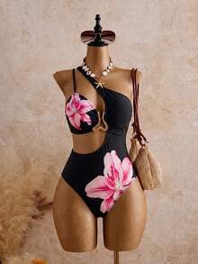 SHEIN Swim 2026新款大尺碼女款黑色百合印花深V連身泳衣，海灘度假夏季假期穿搭，派對穿著，優雅熱帶性感風 - 彩色 - 查看 6
