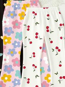 4pcs/Set Girls Toddler Pants, Spring Summer Autumn, Fashion Creative Personalized Fresh Colorful Floral Small Heart Small Cherry Pattern Print Casual Style Basic Bottoms Flared Pants - Multicolor - View 4