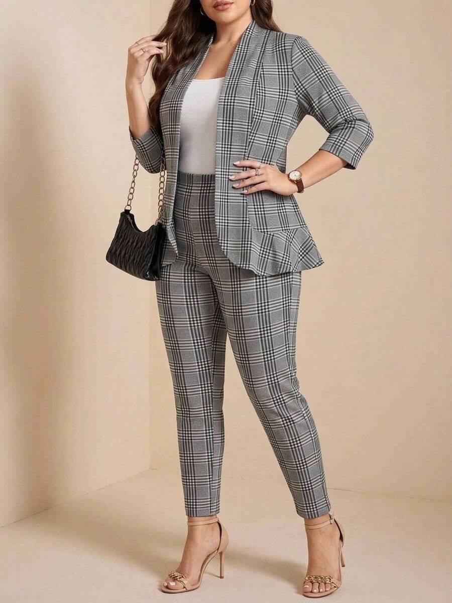 Comfylo 大码女式两件套格子印花休闲工作服西装外套和裤子套装,秋冬感恩节装扮节日装 - 彩色 - 查看 1