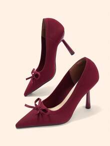 CUCCOO BASICS Elegant Red Knit Slip On Pumps For Ladies Chic Bow Design Pointed Toe Heels - Burgundy - View 5