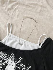 Teen Girl Teen Girls Casual Retro Print 2 In 1 Patchwork Short Sleeve T-Shirt - Black and White - View 3
