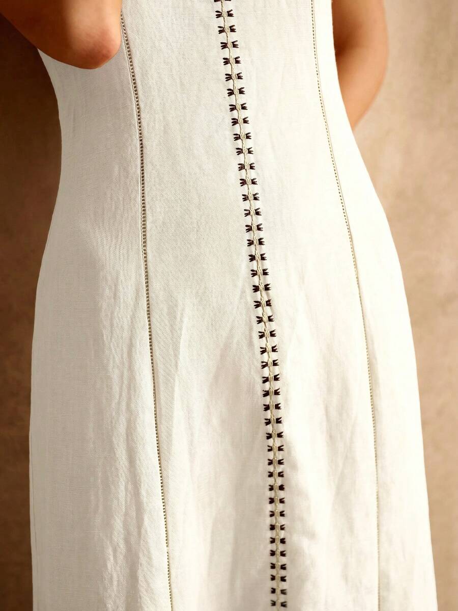 MOTF PREMIUM WOMEN'S LINEN BLEND SLEEVELESS SPLIT HEM SUMMER DRESS - Beige - View 2