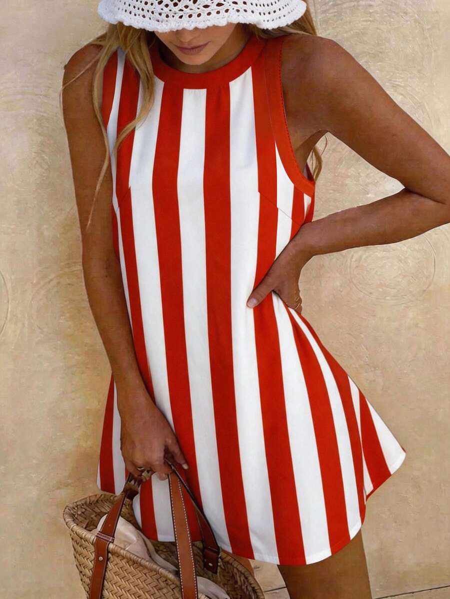Vaclyn Gaun Pendek Wanita untuk Liburan, Motif Garis Merah dan Putih, Kasual