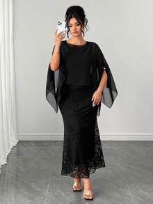 Elenzga Plus Size Women's Cape Sleeve Lace Mermaid Hem Elegant Dress - Black - View 4
